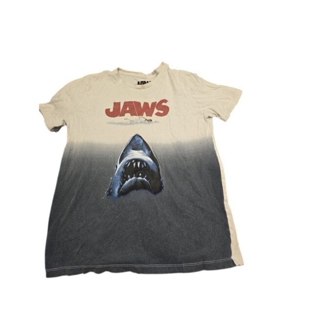 Jaws Movie Graphic Tee Ombre Dip Dye Great White Shark T-Shirt Cream Grey Mens M